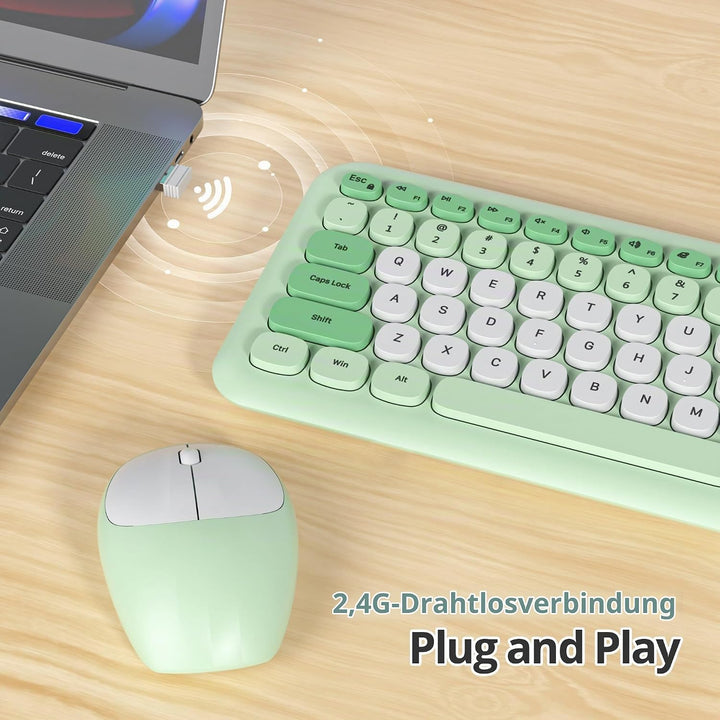 SOLIDEE Buntes kabellose Tastatur und Maus-Kombination,2.4GHz Retro Schreibmaschine,104 Tasten in vo