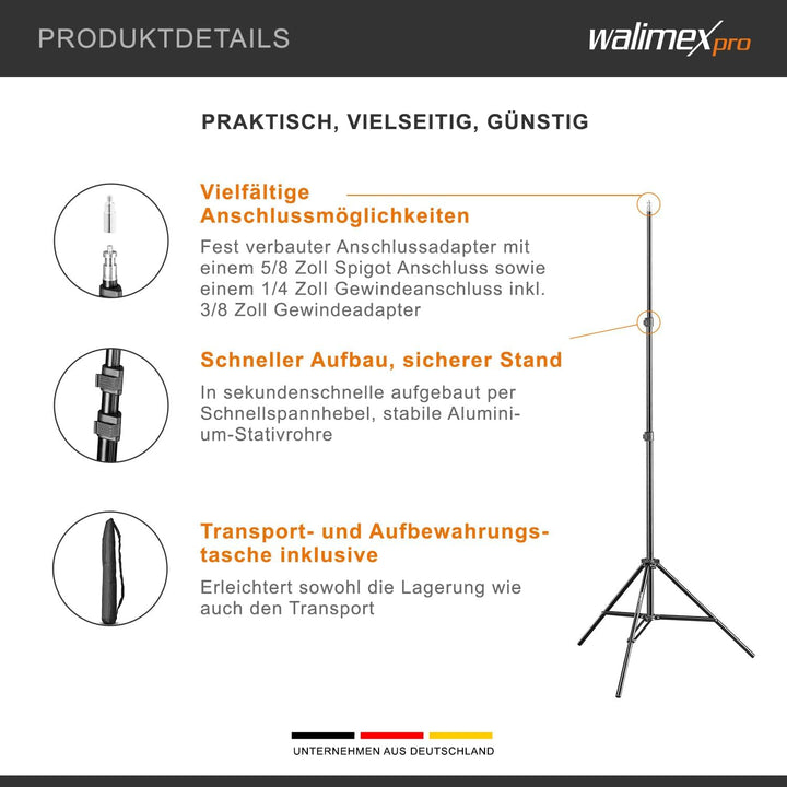 Walimex pro WT-803 Lampenstativ 208cm - kompaktes leichtes Lichtstativ aus Aluminium, Höhe max. 208
