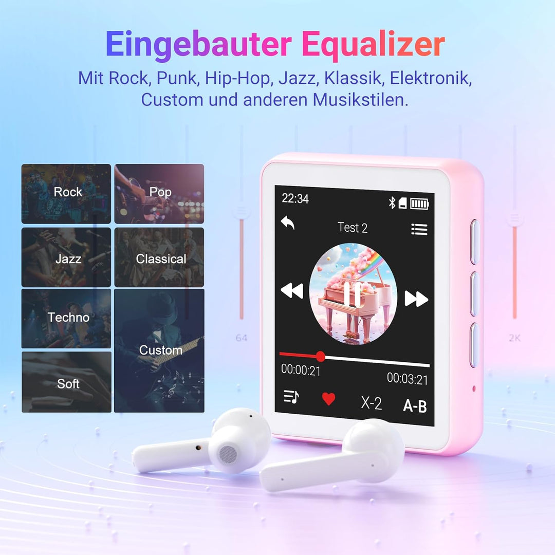 MP3-Player mit Bluetooth, 128GB Musik-Player, eingebauter Lautsprecher und FM-Radio, 1,8 Zoll Mini T