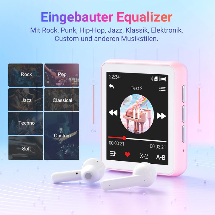 MP3-Player mit Bluetooth, 128GB Musik-Player, eingebauter Lautsprecher und FM-Radio, 1,8 Zoll Mini T