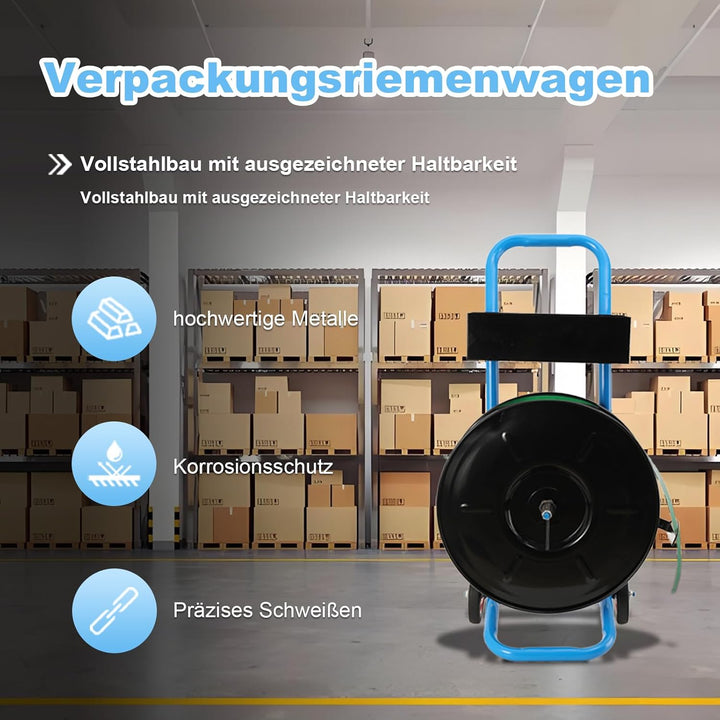 Abrollwagen für PET-/PP-/Faser-Umreifungsband mit 203 mm Kern, robuster Profi Umreifungsspender, fah