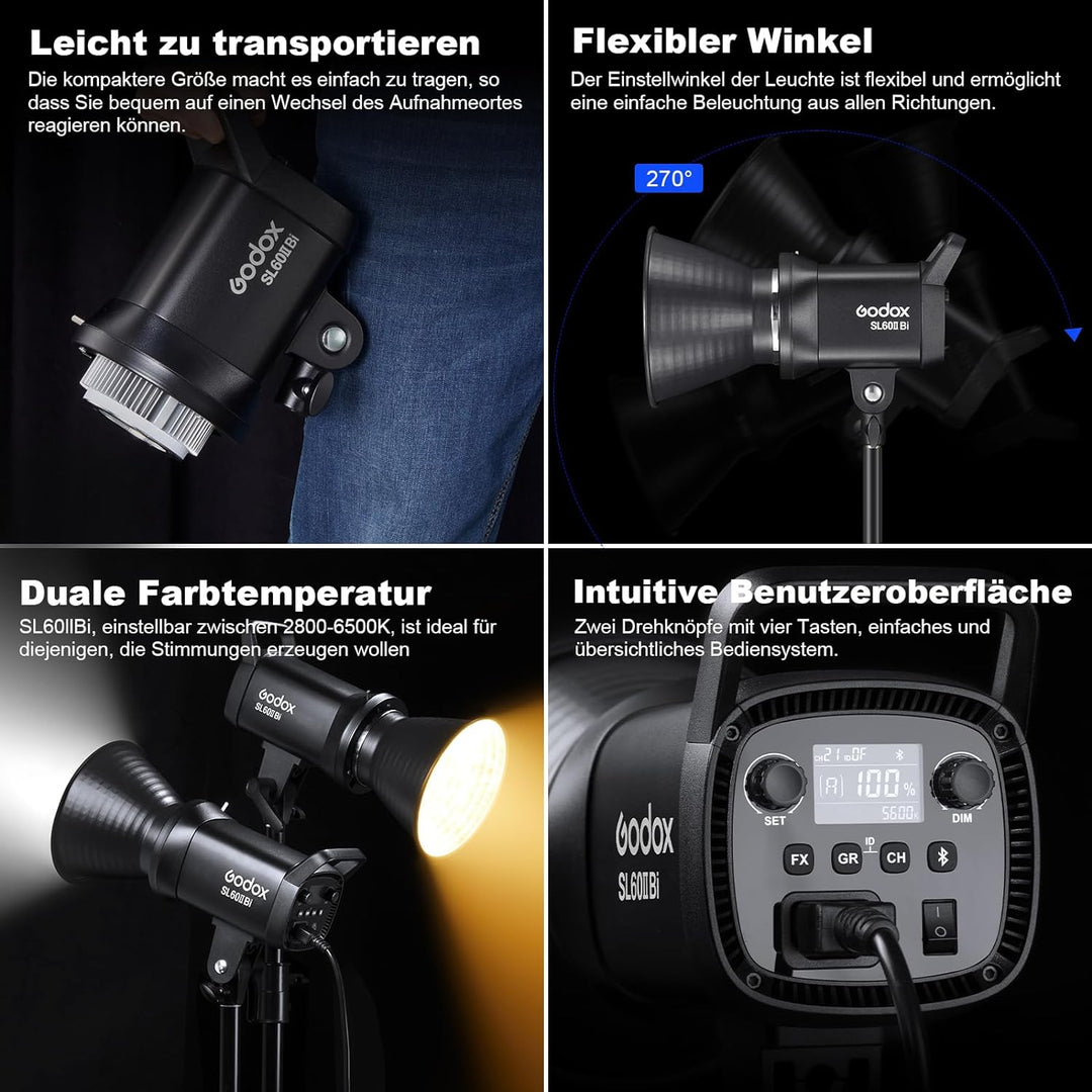 GODOX SL60IIBi Dauerlicht Kit LED Video Lichter,Videolicht 2800K-6500K,CRI>96,TLCI>97,25100Lux mit G
