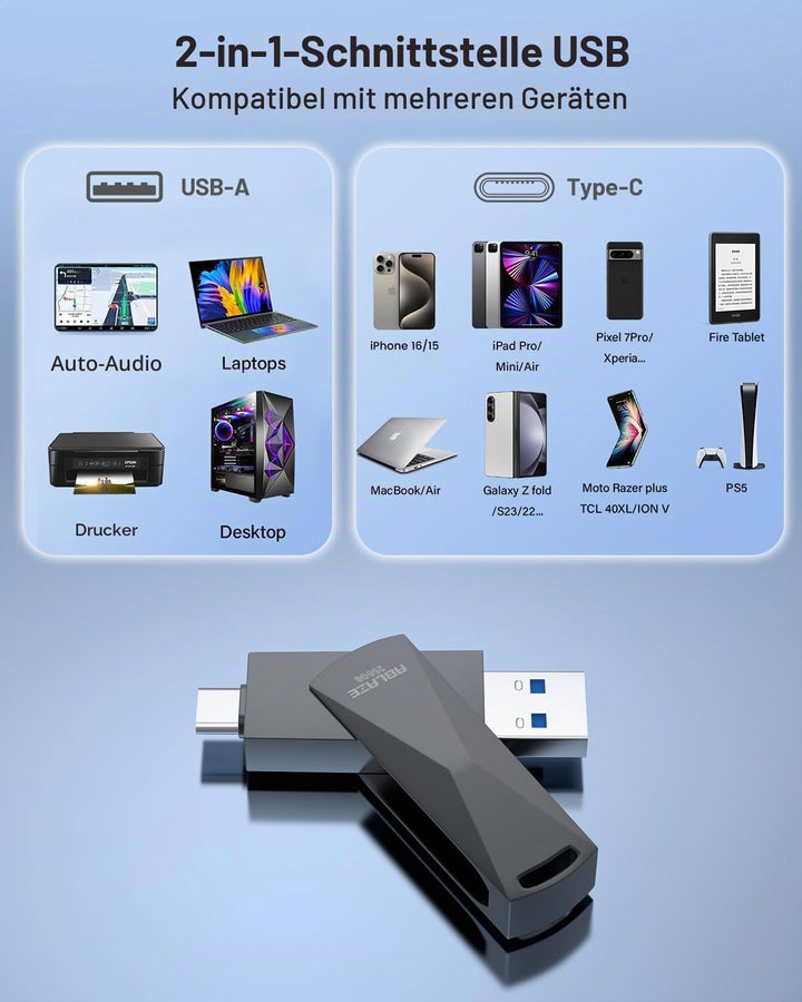 ABLAZE 256 GB USB C Stick, Dual USB 3.0 + Typ C, kompatibel mit iPhone 16/15, Android-Smartphones, C