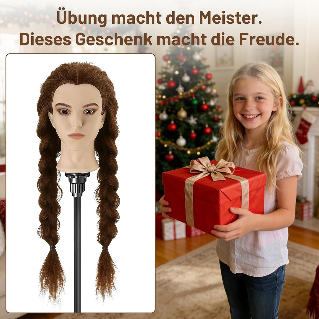 TwoWin Frisierkopf Echthaar mit Ohrlöchern, 60 cm (24 Zoll) Friseurkopf Übungskopf 80% echthaar, Tra