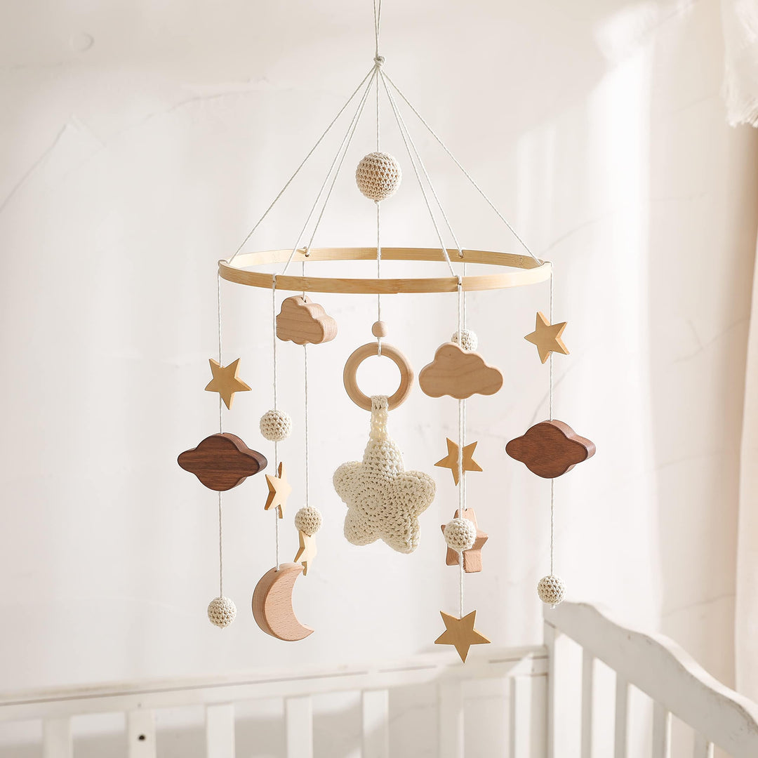 Mobile Baby Windspiele mit Wolken Mond Sterne Handgefertigt Holz Gehäkelt Mobile Baby Neugeborene Ju