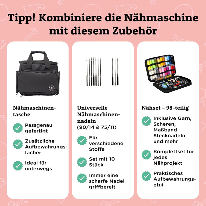 Crafts&Co® Nähmaschine für Anfänger mit Eingebautem LED-Licht und Fusspedal | 12 Stiche | Mini Nähma