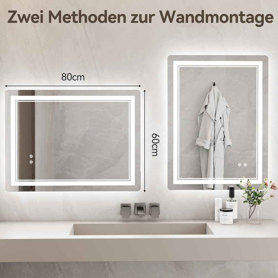 Badspiegel mit Beleuchtung 80x60 cm, Badezimmer Beleuchteter Wandspiegel mit Led 3 Farben, Stufenlos