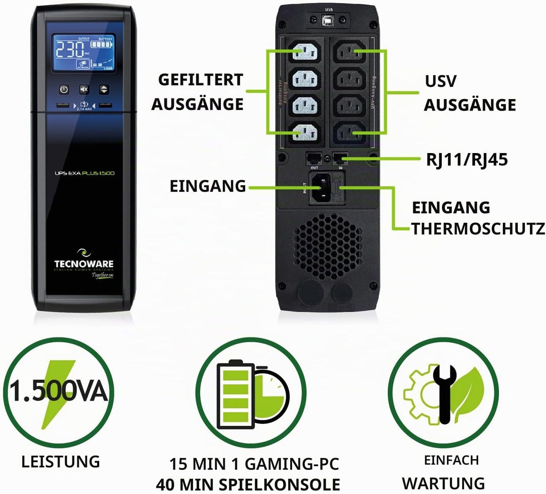 Tecnoware Power Systems - UPS EXA PLUS 1500 VA, Blackout-Schutz für PCs & Spielekonsolen, AVR-Techno