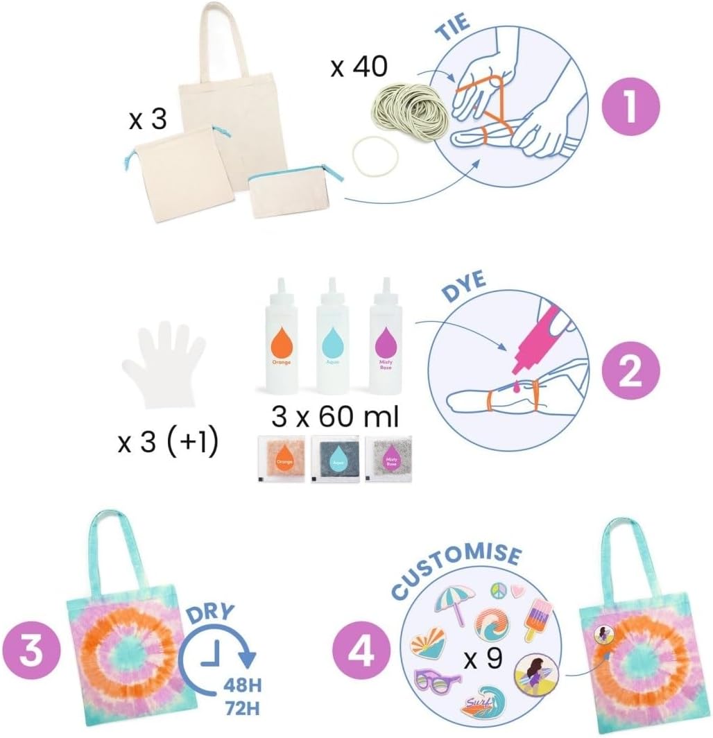Djeco DIY: Batik-Set Taschen | Batikfarben Set waschfest | Batik Shirt | DIY Set Kinder | Stofffarbe