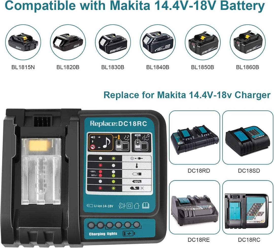 DC18RC Schnellladegerät Kompatibel mit makita 14.4V/18V Lithium-Ionen Akku BL1815N BL1820 BL1830 BL1