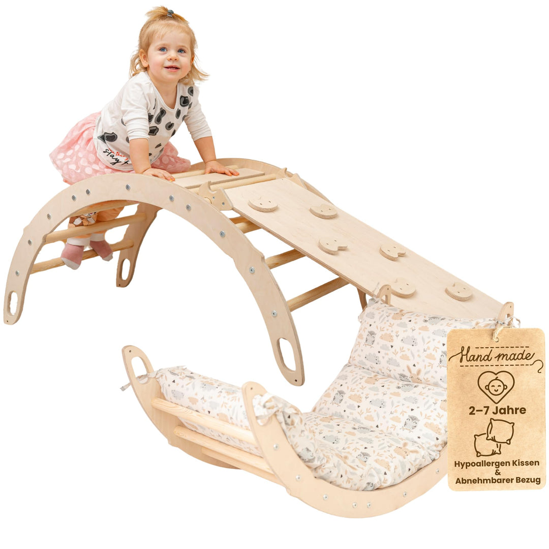WoodsCraft Kletterbogen mit Kissen & Rutsche Indoor | Wippe Kinder & 2in1: Babyrutsche & Rampe | Hol