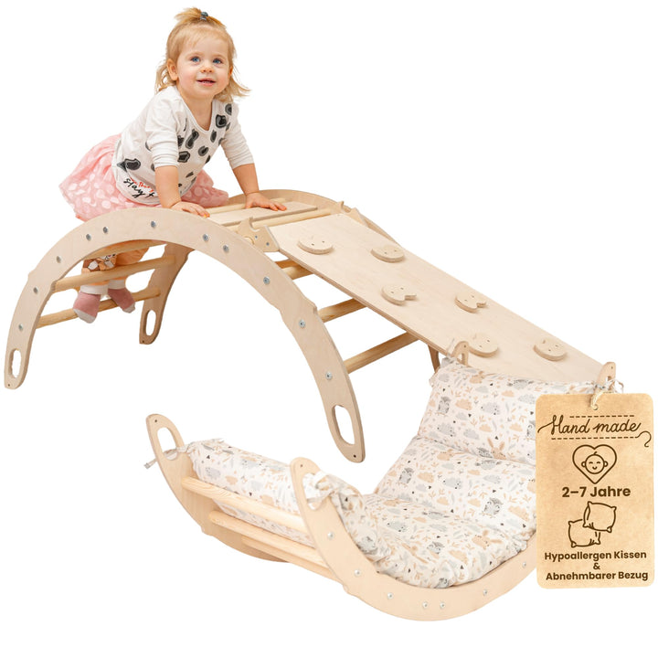 WoodsCraft Kletterbogen mit Kissen & Rutsche Indoor | Wippe Kinder & 2in1: Babyrutsche & Rampe | Hol
