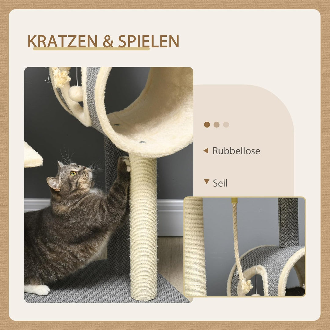 PawHut Kratzbaum 104 cm Katzenbaum mit Katzenhöhle, Katzenkratzbaum mit Spielball, Katzenbaum mit 2