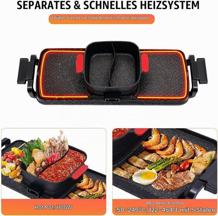 2 in 1 Elektrischer Hot Pot Grill, 1100W+2200W Multifunktionale BBQ Hot Pot, Korean Barbecue Hot Pot