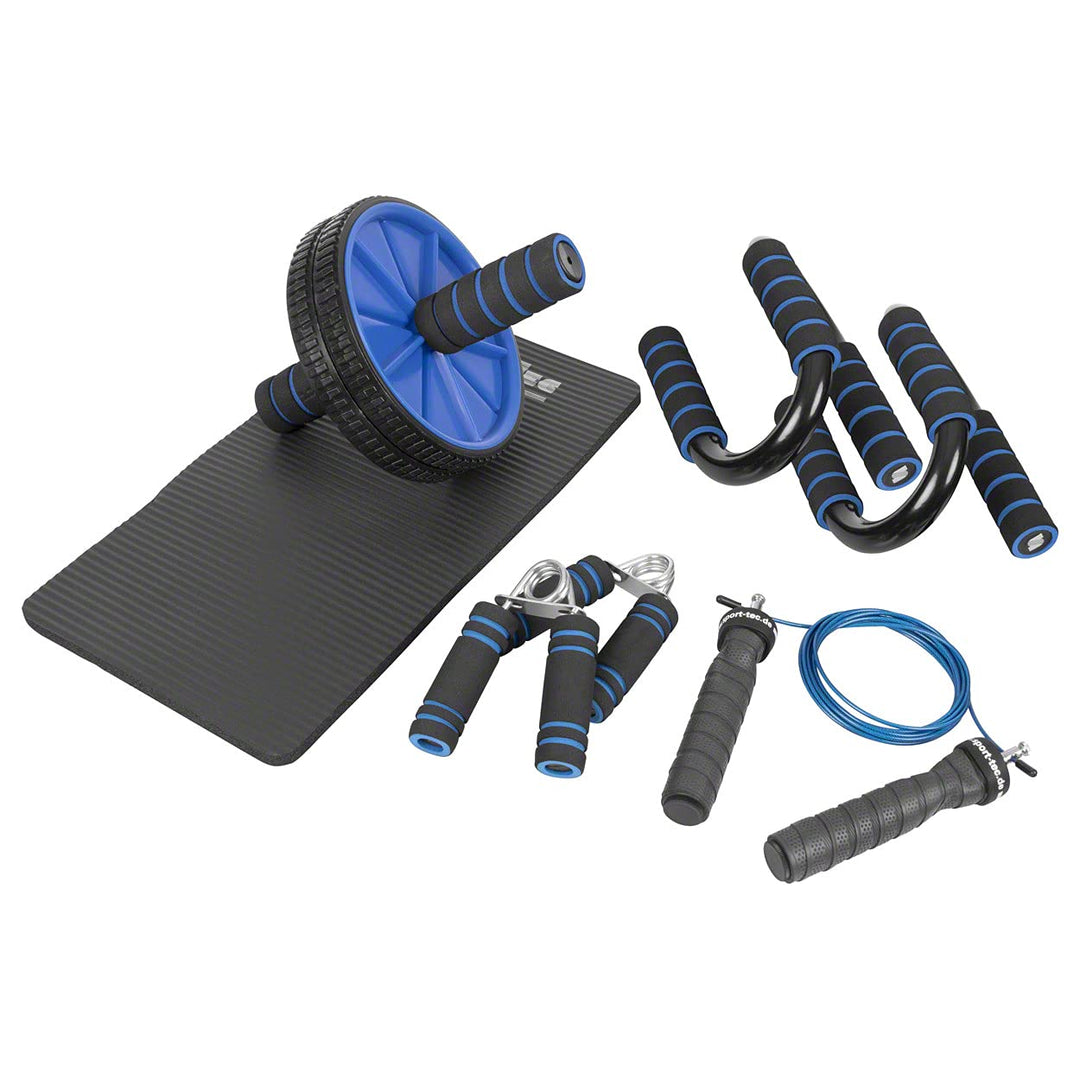 Fitness Set 4-TLG Push-Up Liegestütz Trainer Bauchtrainer Handtrainer Springseil Blau, Blau