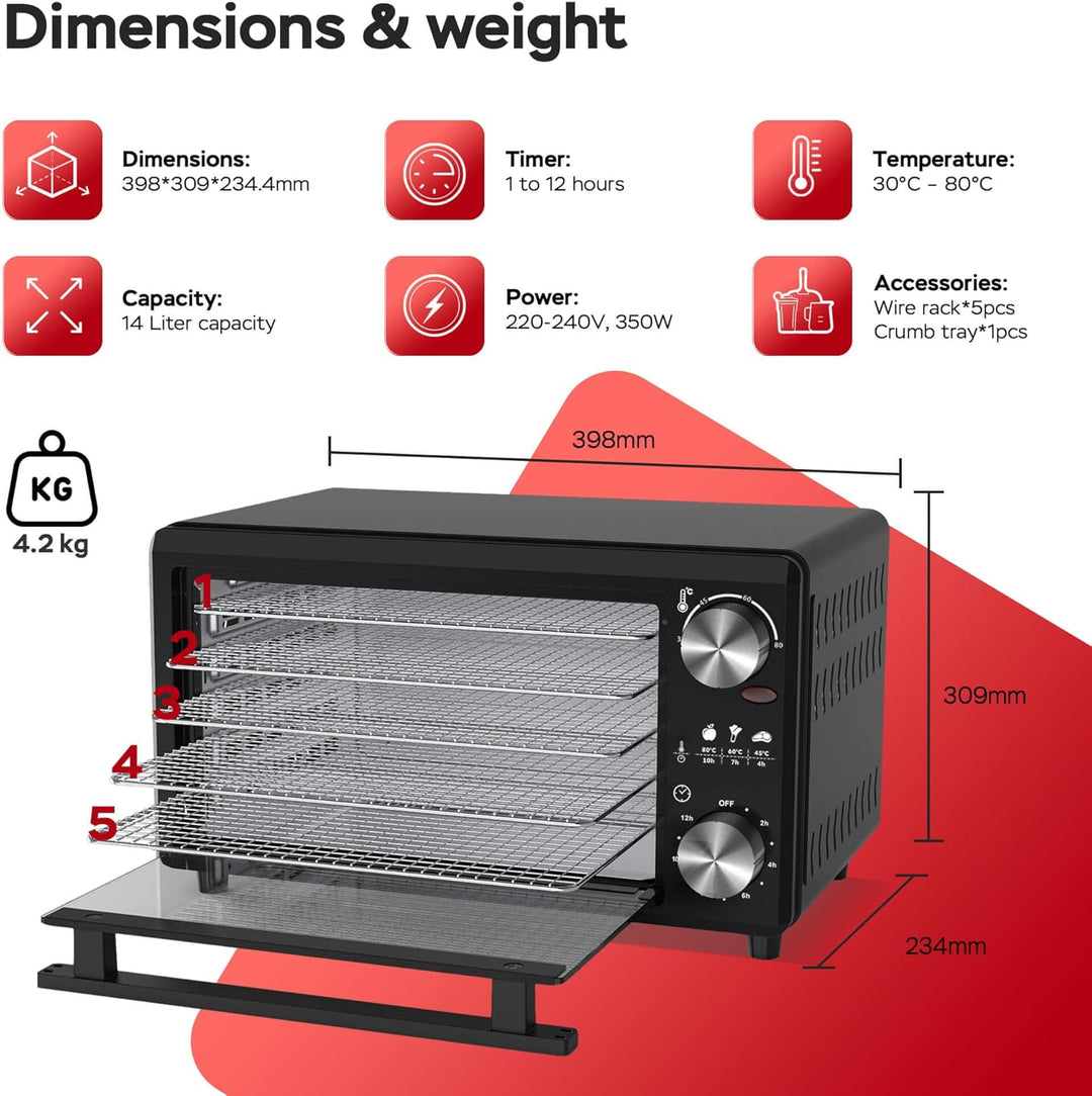 TurboWave BIO Dörrgerät komplett aus Metall, 14 Liter, 5x Einlegeboden, inkl. Timer und Rezeptheft (