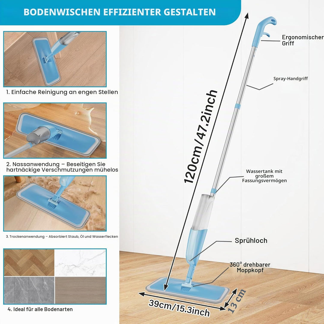 Wischer mit Sprühfunktion, MEXERRIS Sprühwischer Bodenwischer mit Wassertank 360 Grad Rotierender Wi
