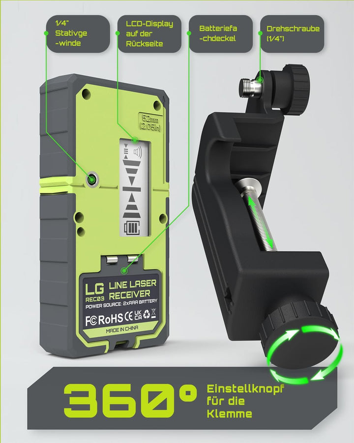 LasGoo LG-REC03 Laserdetektor für Linienlaser, 50 m Reichweite, Dual-LCD mit Hintergrundbeleuchtung,