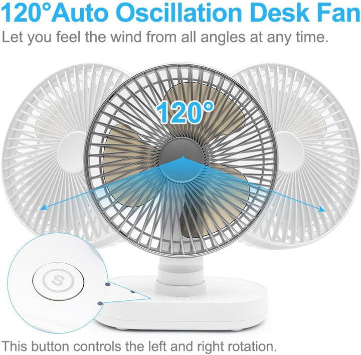 Tischventilator sehr Leise, 16,5CM Klein Ventilator, Auto Oszillierend, 4 Geschwindigkeiten, Starkem