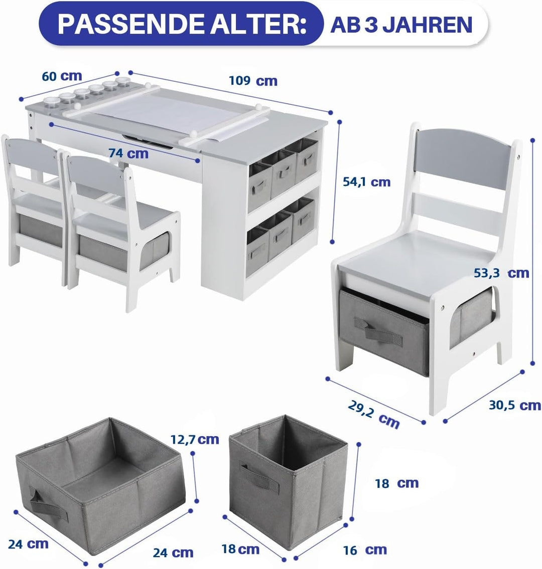 GRAVFORCE Kindertisch mit 2 Stühlen, Maltisch & Basteltisch Kinder mit anhebbarer Tischplatte, Spiel
