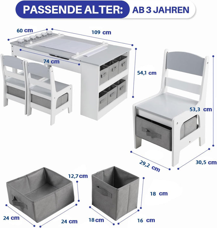 GRAVFORCE Kindertisch mit 2 Stühlen, Maltisch & Basteltisch Kinder mit anhebbarer Tischplatte, Spiel