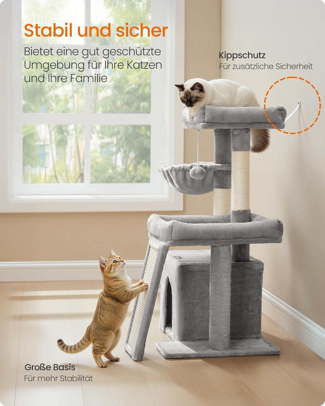 Feandrea Kratzbaum, Katzenbaum mit Kratzsäulen, Rampe, Katzenkratzbaum, 2 grosse Plattformen, Höhle
