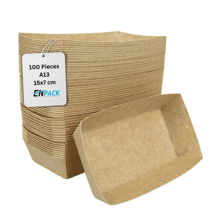 Enpack Snackschale A13-100 Stück Snackschalen aus Kraftpapier - Snack Box 15x7x3,5cm - Currywurst Sc