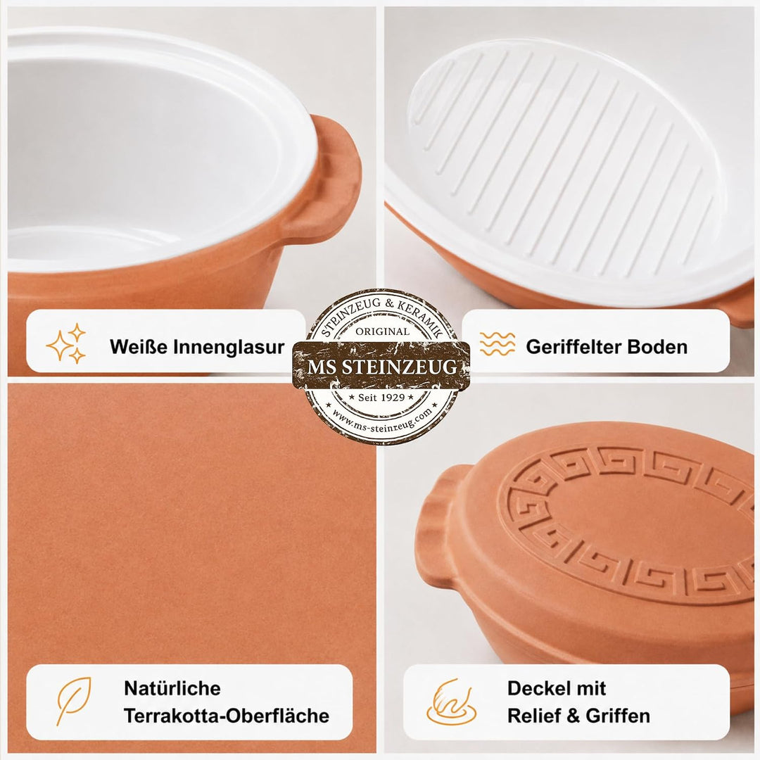 TerraStone Römertopf oval mit Deckel, Tonbräter 33x23cm, Terrakotta Bräter 33 cm, Bräter 33 cm
