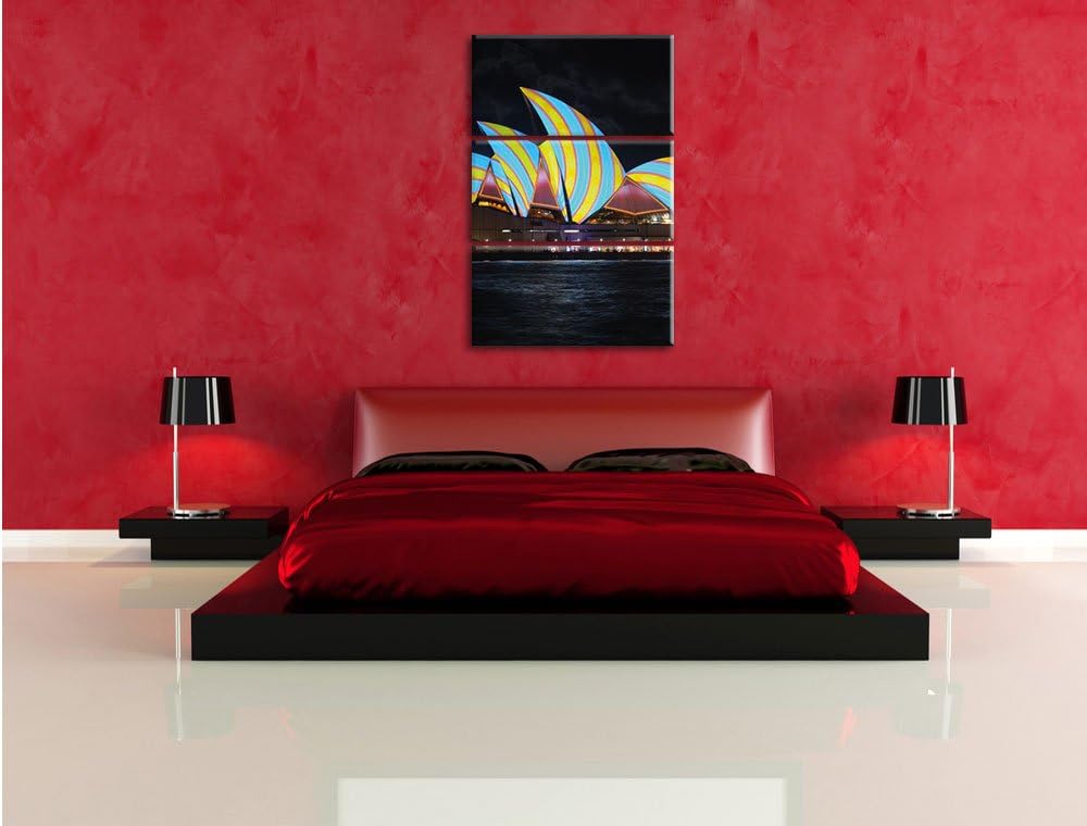 Pixxprint Sydney Opera House blau gelbe Streifen 3-Teiler Leinwandbild 120x80 Bild auf Leinwand