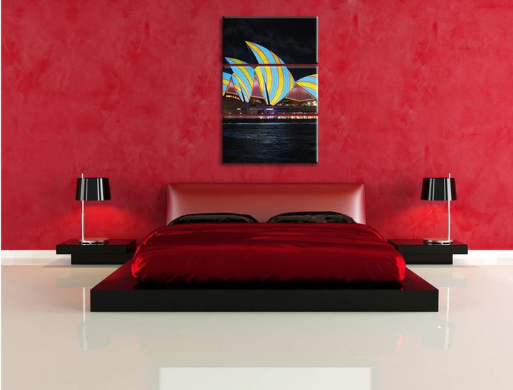 Pixxprint Sydney Opera House blau gelbe Streifen 3-Teiler Leinwandbild 120x80 Bild auf Leinwand