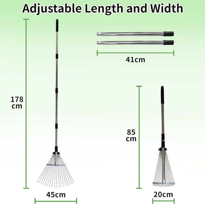 Laubrechen mit Stiel 175cm – 18-Zahn Laubbesen mit Verstellbarem Kopf (20-45cm) – Ideal für Grosse F