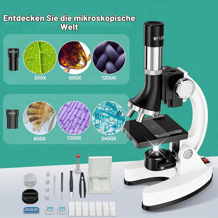 USCAMEL 1200X Mikroskop für Kinder und Studenten - Mit Präparierten Objektträgern, Metallkörper, LED