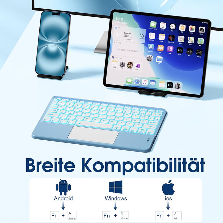 Vobafe Bluetooth Tastatur mit Touchpad, 7-farbiges Backlight iPad Tastatur Hellblau, Hellblau
