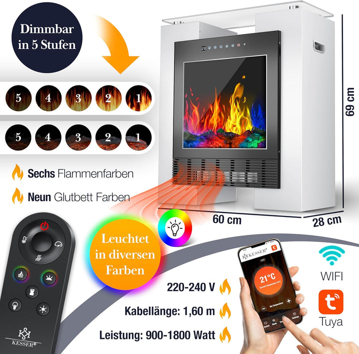 KESSER® LED Kamin mit Heizung elektrisch | Heizlüfter Elektrokamin mit Thermostat, Standkamin mit re