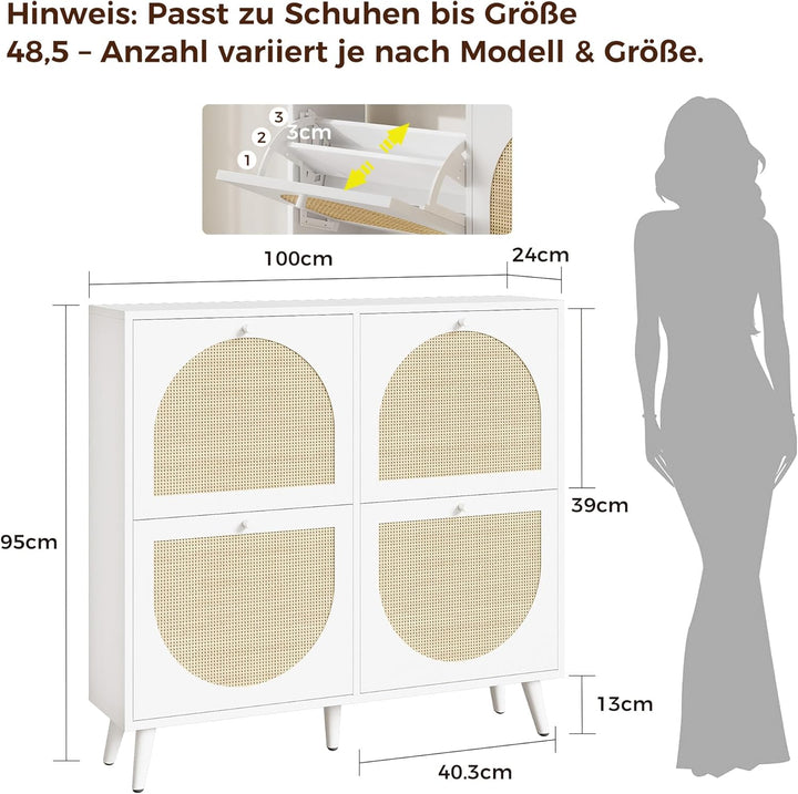 IRONCK Schuhschrank Rattan, schmal Schuhkipper mit 4 Klappen, freistehende Schuhregal, Schuhkommode