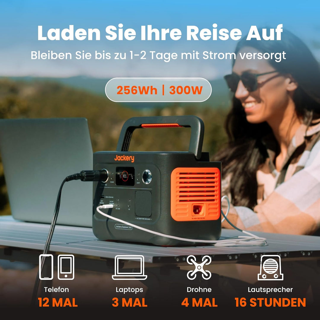 Jackery Explorer 240 v2 Tragbare Powerstation, 256Wh LiFePO4 Solargenerator mit 300W AC/100W USB-C A