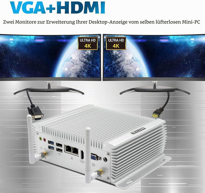 HISTTON Lüfterlos Mini PC Industrie PC Intel Core i7-4500U, 8GB RAM 128GB SSD, HDMI &amp;VGA Dual Ausgan