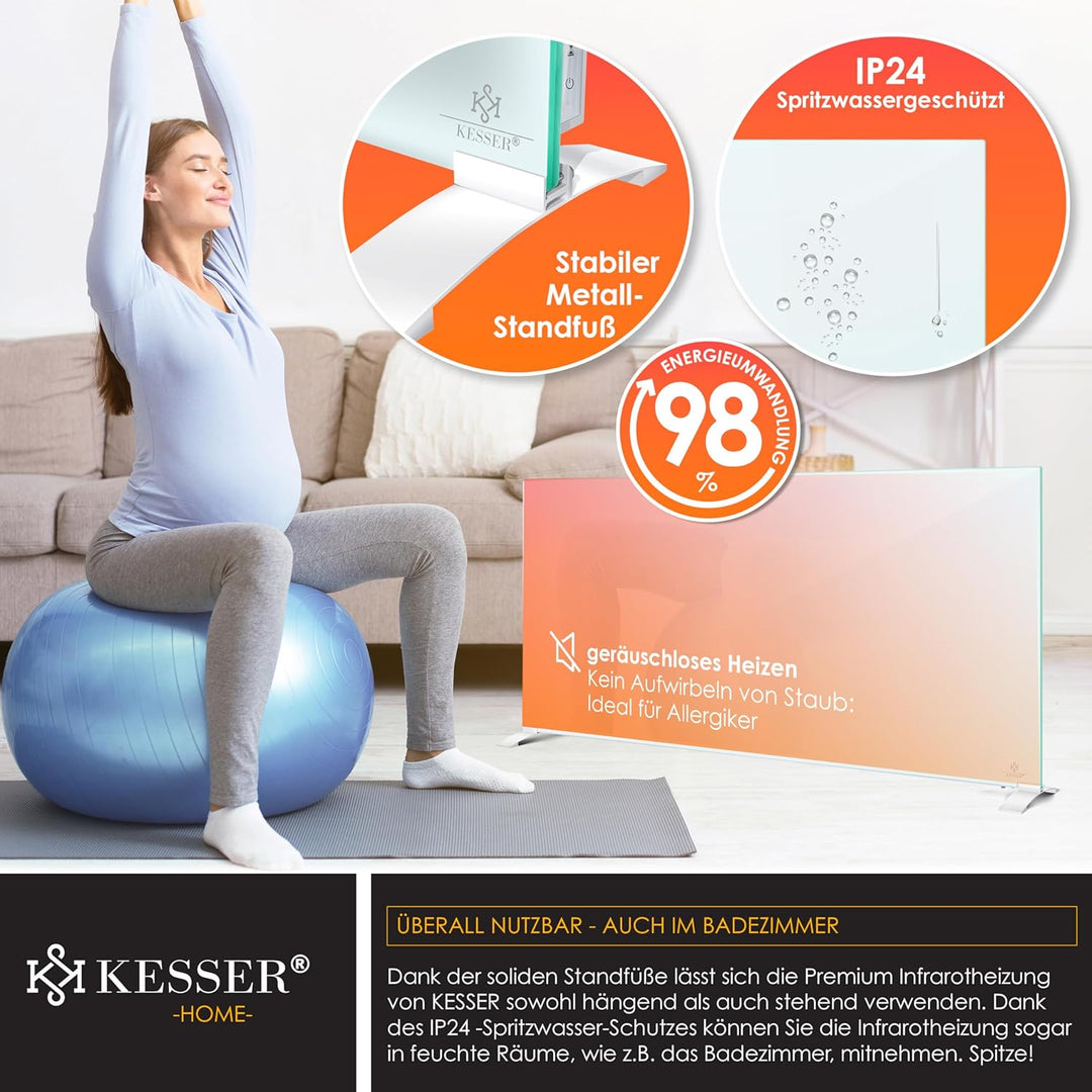KESSER® Infrarotheizung 600W Glaskonvektor Glasheizung Energiesparend 2in1 Standgerät & Wandmontage