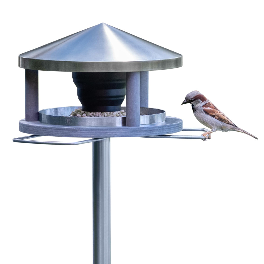 Vogelhaus mit Ständer wetterfest aus Edelstahl - Stabiles Vogelfutterhaus für draussen, modern aus M