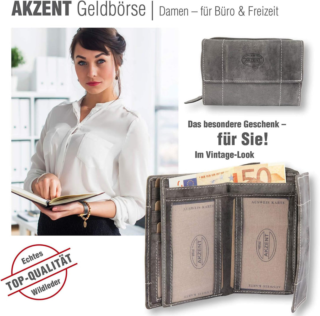 Akzent Damen Geldbörse aus Echtleder Grau Format 14 x 9 cm, Grau