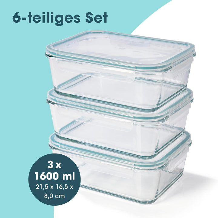 GOURMETmaxx Glas-Frischhaltedosen Klick-It 3 Dosen 1,6 L | Als Brotdose oder für Meal Prep | Spülmas