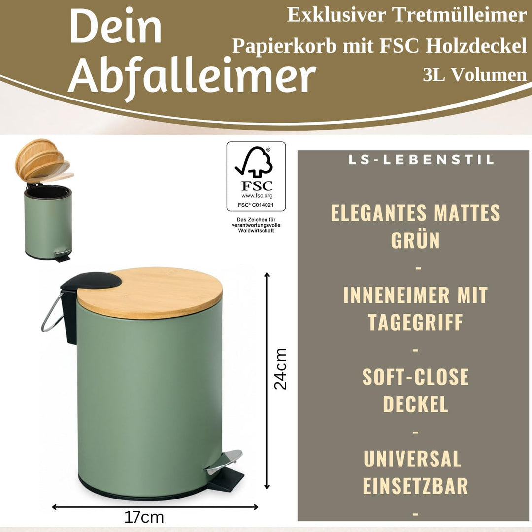 LS-LebenStil Tretmülleimer Papierkorb 3L Matt Grün Rund mit Softclose Holz Deckel Treteimer Fusspeda