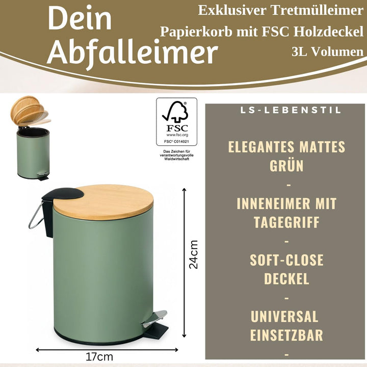 LS-LebenStil Tretmülleimer Papierkorb 3L Matt Grün Rund mit Softclose Holz Deckel Treteimer Fusspeda