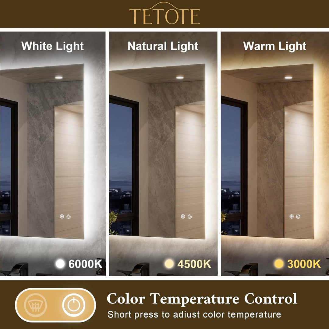 TETOTE Badspiegel mit Beleuchtung 70x90cm, Rechteckiger LED Badezimmerspiegel ohne Rahmen, Wandspieg