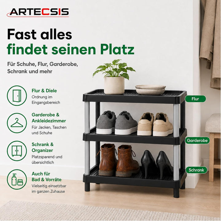 ARTECSIS Schuhregal schmal 3 Ebenen Schwarz I Schuhablage aus Kunststoff 49,5x34,5x43cm, 3 Ebenen