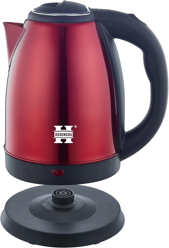 Herzberg HG5011-RD, Elektrischer Wasserkocher 1,8L Edelstahl Kabellos Rot, Leistung 1500W, 360° Basi