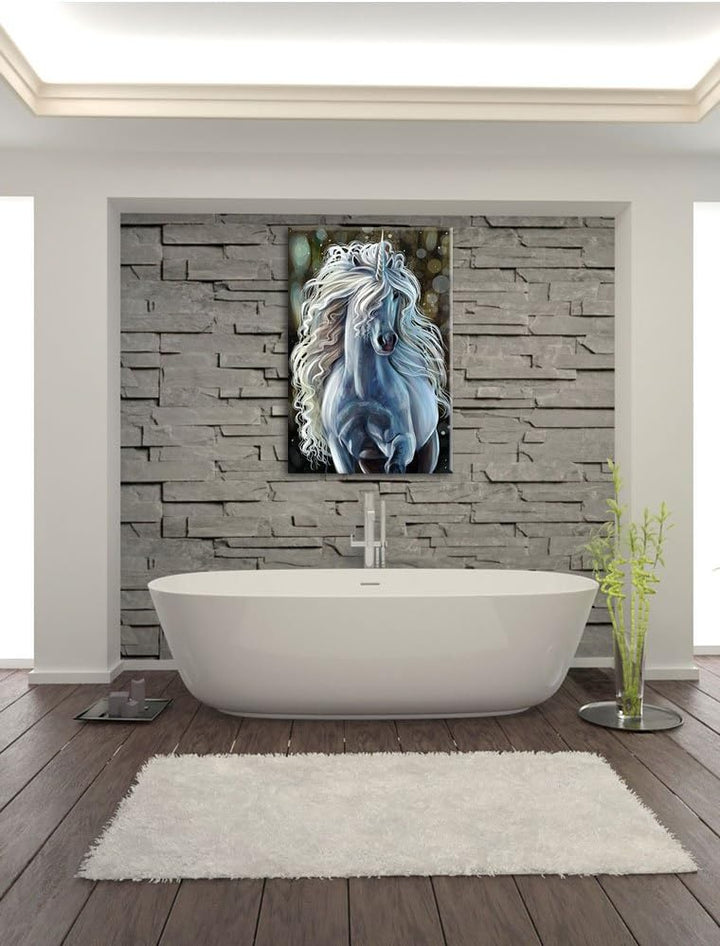 Trapendes weisses Einhorn, Format: 100x70 auf Leinwand, XXL riesige Bilder fertig gerahmt mit Keilra