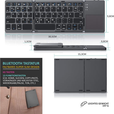 CSL - Bluetooth Tastatur klappbar mit Touchpad für PC Smartphone oder Tablet - faltbares Keyboard im
