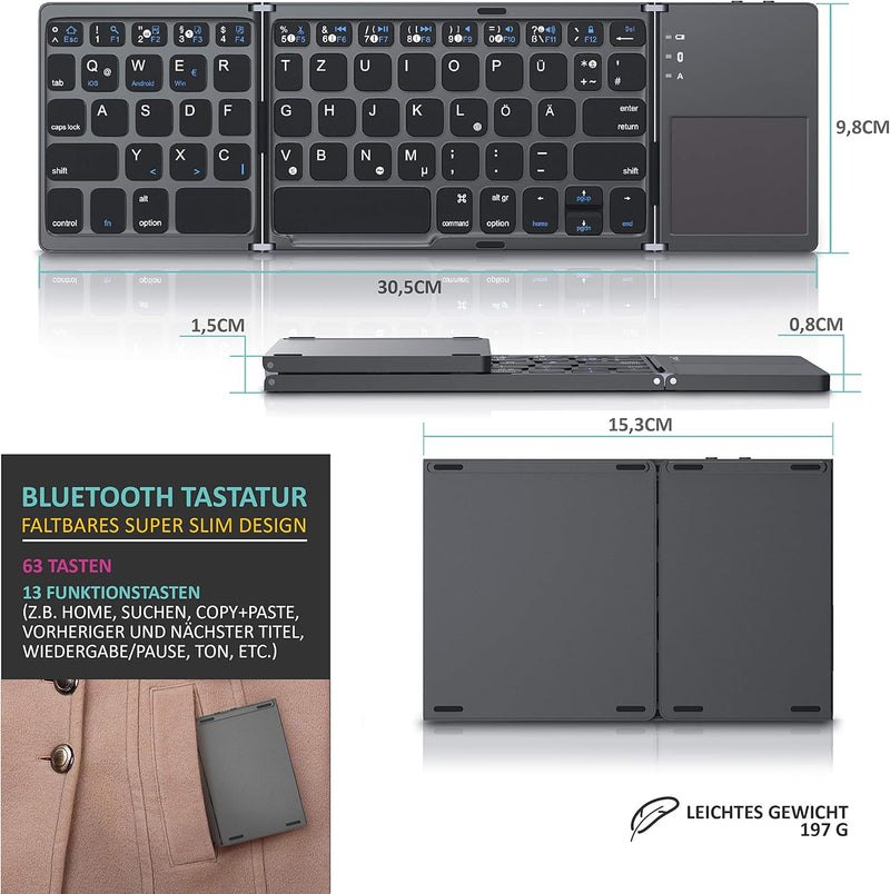 CSL - Bluetooth Tastatur klappbar mit Touchpad für PC Smartphone oder Tablet - faltbares Keyboard im