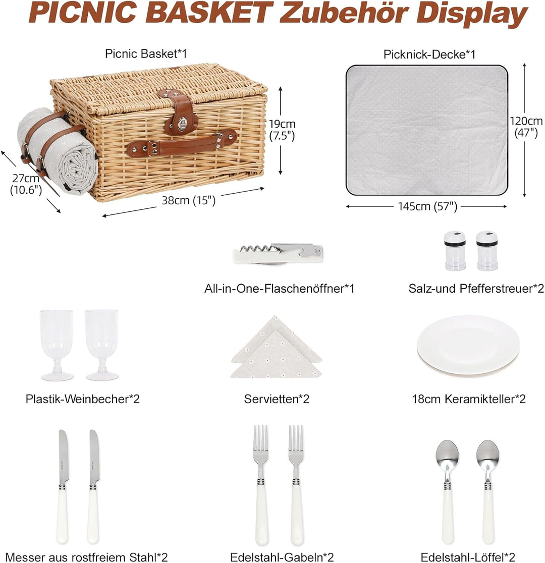 Picknickkorb für 2 Personen, Picknickkorb-Set mit Kühlfach und wasserdichte Picknickdecke, Besteck S